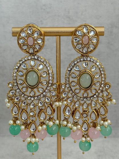 Ayura Designs Zara Set with Necklace, Earrings, Tikka & Passa – Antique Gold with Kundan Detailing & Mint Green & Blush Pink Beads