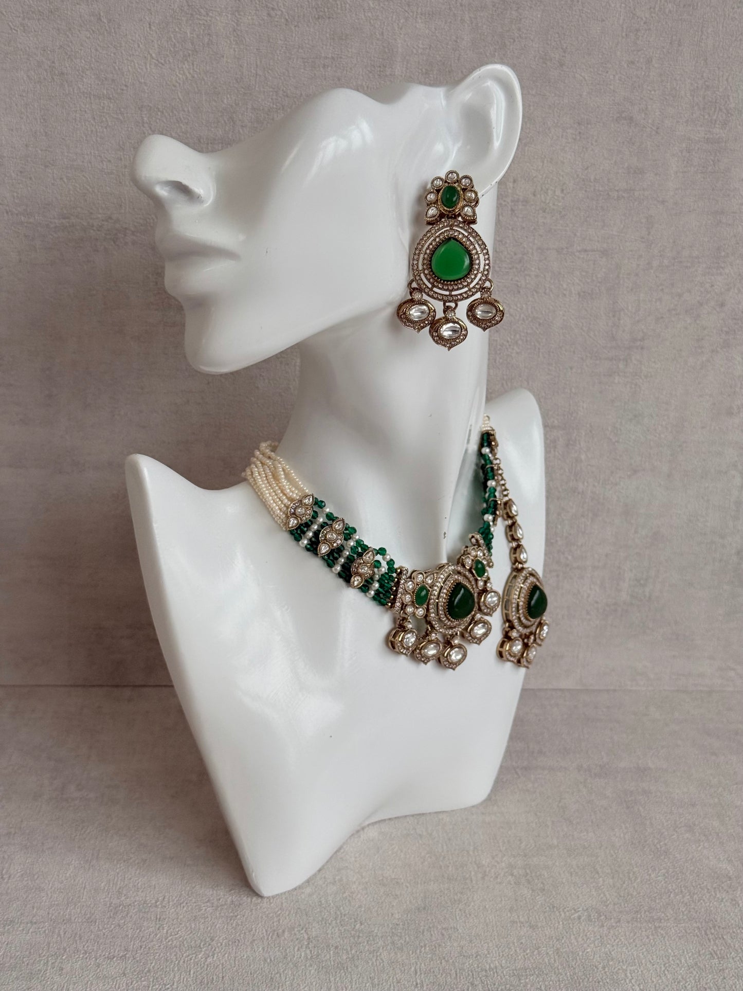 Ayura Designs Rahi Necklace Set with Earrings & Tikka – Emerald Green Stones with Mirror-Cut Detailing & Pearl Strands