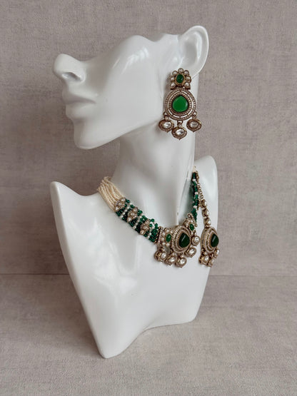 Ayura Designs Rahi Necklace Set with Earrings & Tikka – Emerald Green Stones with Mirror-Cut Detailing & Pearl Strands