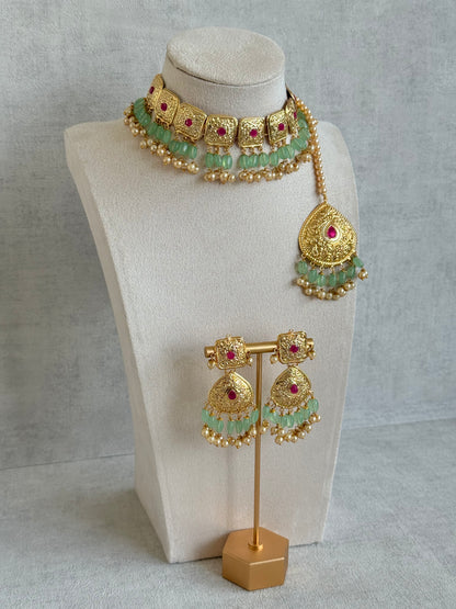 Ayura Designs Chetna Choker Set with Earrings & Tikka – Mint Green Beads, Cream Pearl Drops with Pipal Patti Detailing