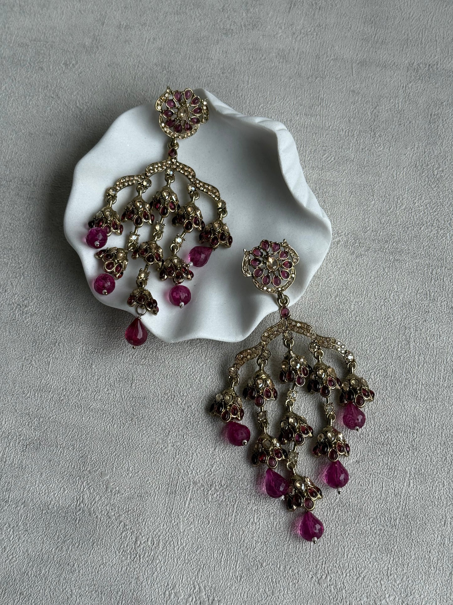 Ayura Designs Jasmine Earrings – Chandelier Earrings with Rose Pink Beads & Antique Gold Detailing