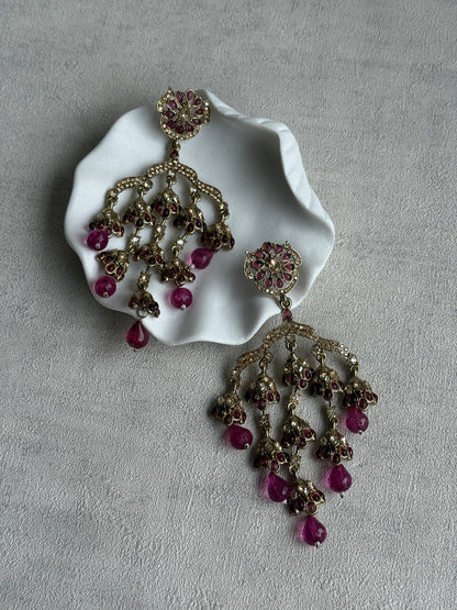 Ayura Designs Jasmine Earrings – Chandelier Earrings with Rose Pink Beads & Antique Gold Detailing