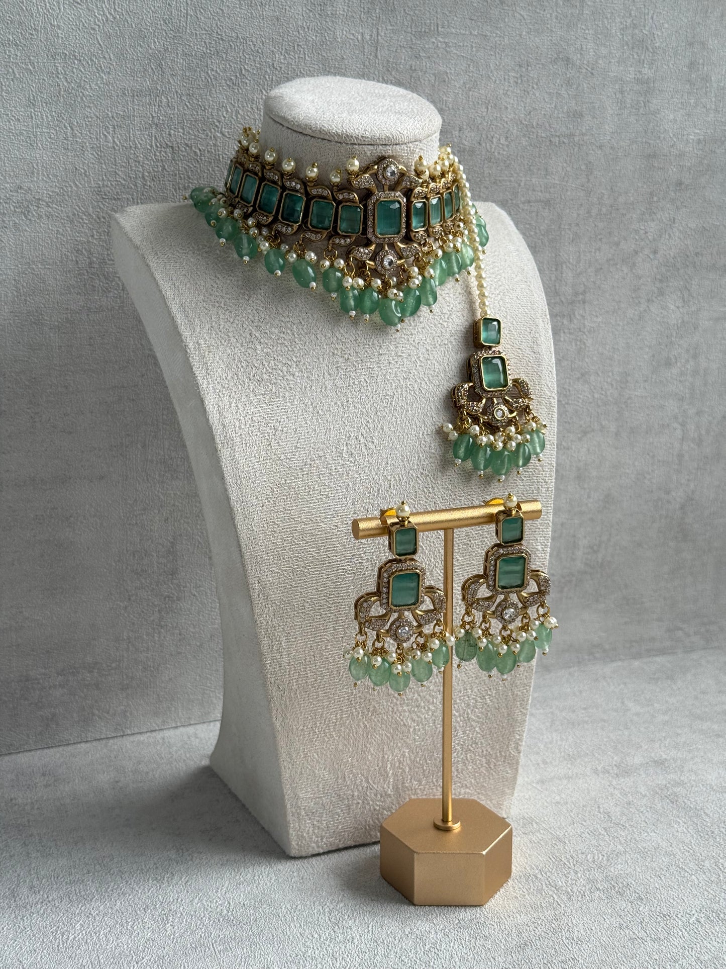 Ayura Designs Esme Set – Antique Gold Choker with Mint Green Stones, Pearls & Crystal Detailing