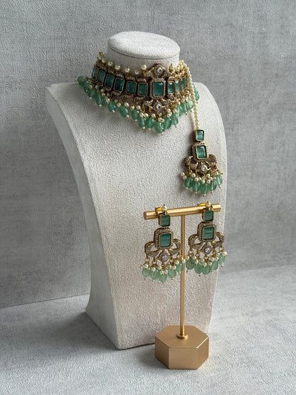 Ayura Designs Esme Set – Antique Gold Choker with Mint Green Stones, Pearls & Crystal Detailing