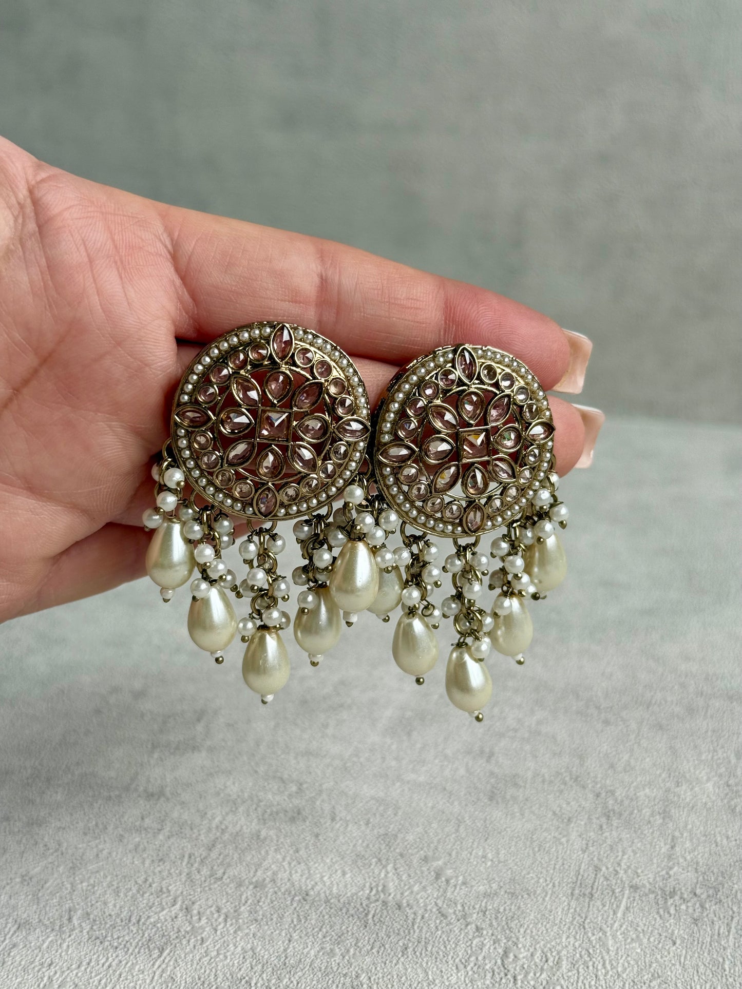 Ayura Designs Aynoor Earrings – Antique Gold Finish with Mirror-Cut Stones & Pearl Drops