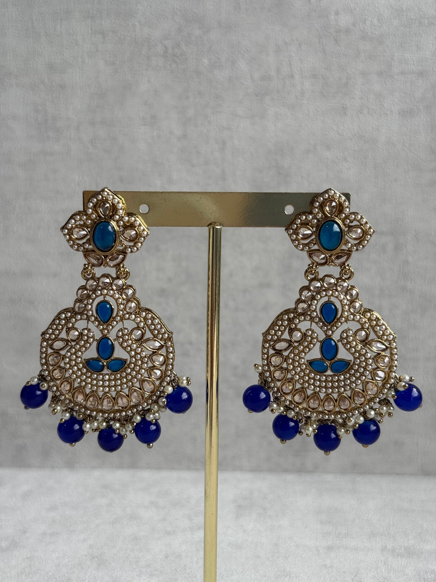 Ayura Designs Zarlish Set – Choker, Earrings & Tikka with Mirror-Cut Stones, Ink Blue Beads & Gold Finish