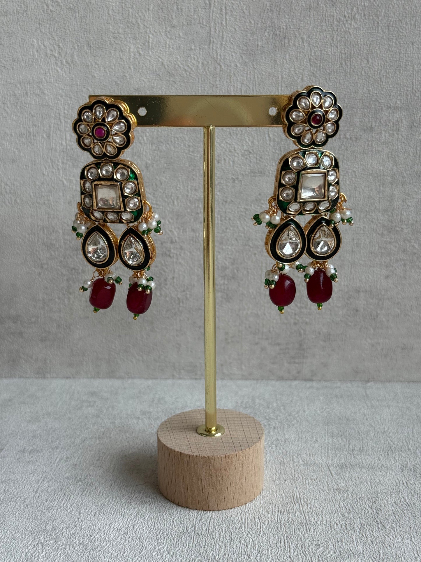 Ayura Designs Salma Set – Necklace, Earrings & Tikka with Mirror-Cut Kundan, Ruby Red Beads, Emerald Green Meenakari & Gold Finish