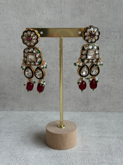 Ayura Designs Salma Set – Necklace, Earrings & Tikka with Mirror-Cut Kundan, Ruby Red Beads, Emerald Green Meenakari & Gold Finish