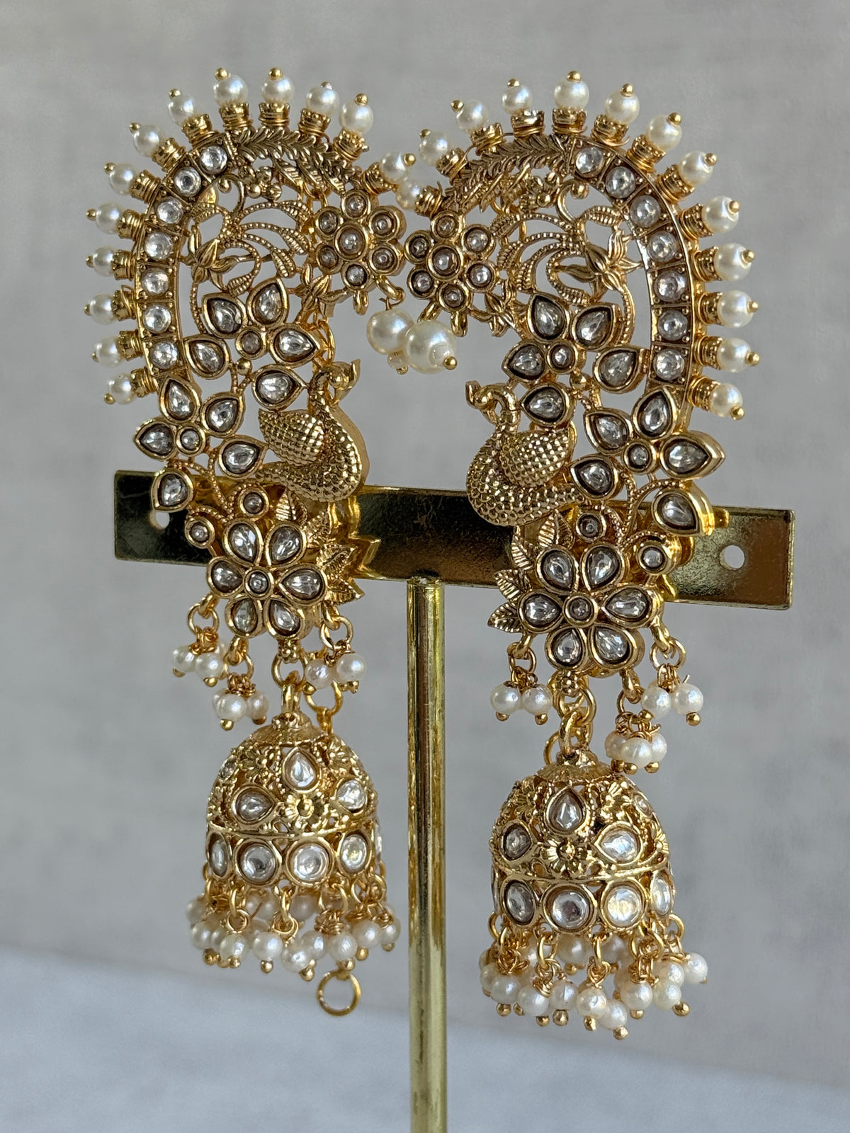 Ayura Designs Nitya Kaanphool Jhumkis – Gold Half Ear Cuff Earrings, Peacock Motifs, Kundan, Ivory Pearl Drops & Sahare