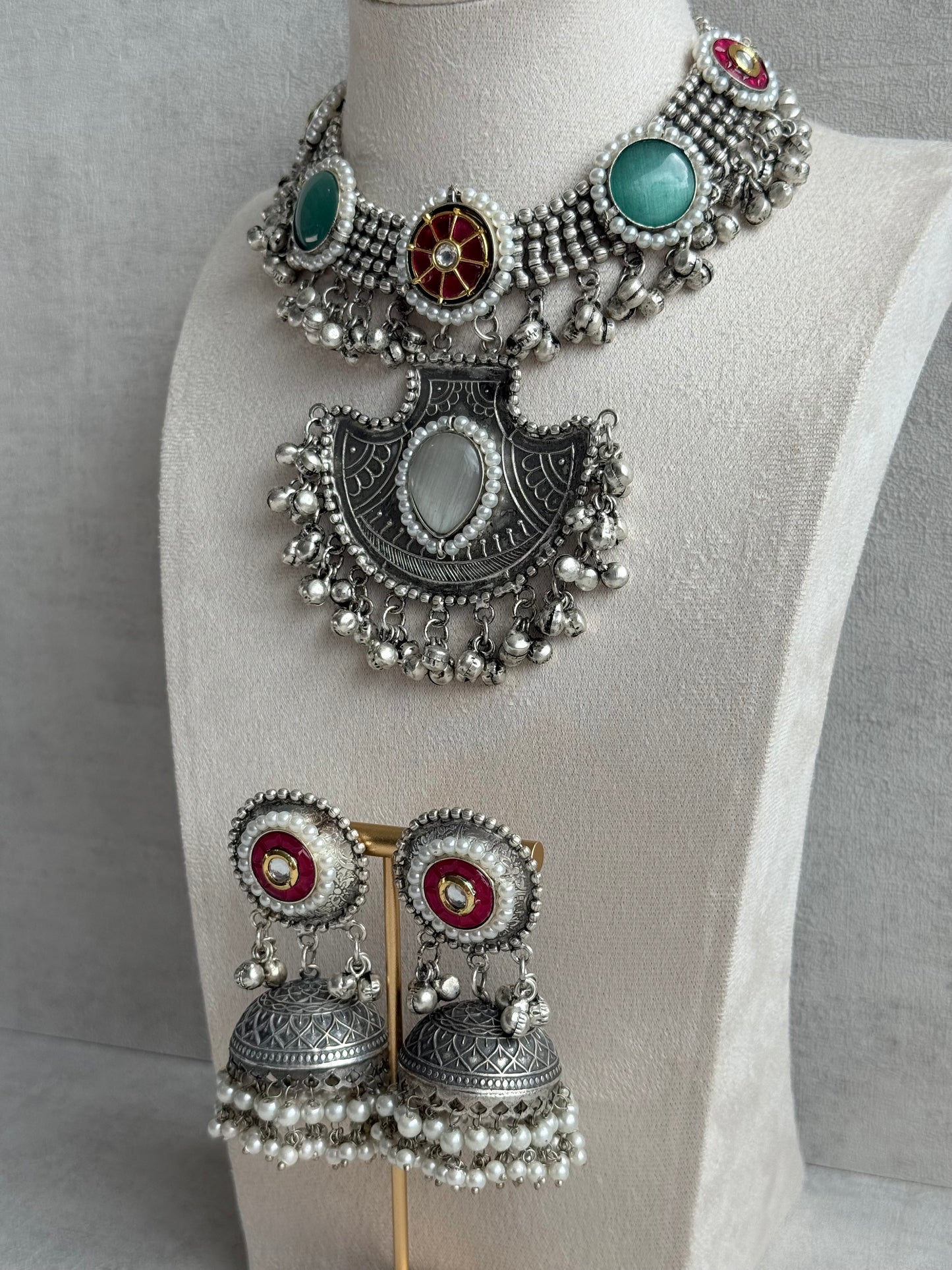 Ayura Designs Zareefa Necklace Set with Jhumkis – Oxidised Silver Pendant Necklace with Multicolour Stones, Pearl Detailing & Ghungroo Accents