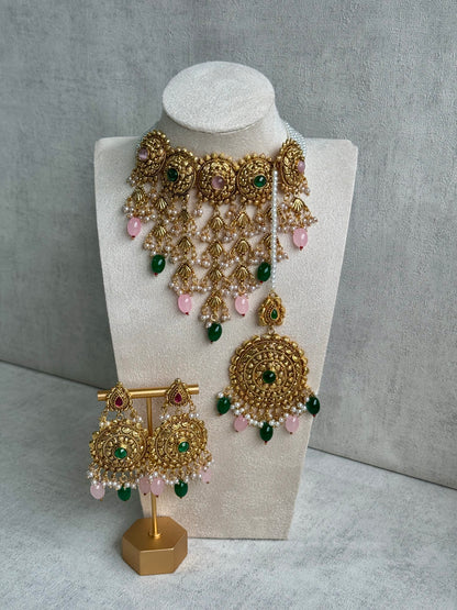 Ayura Designs Zahara Choker Set with Earrings & Tikka – Exquisite Gold Adorned with Pink & Green Gemstones