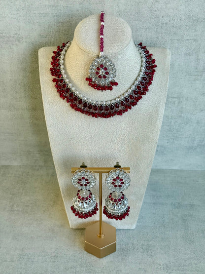 Ayura Designs Saima Set – Necklace, Jhumkis & Tikka in Deep Rose Pink with Silver Finish