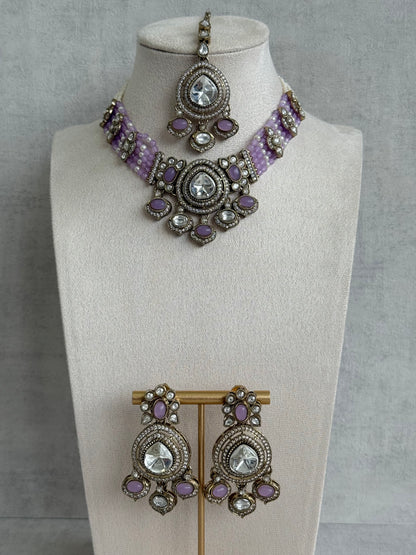 Ayura Designs Rahi Necklace Set with Earrings & Tikka – Lilac Stones with Mirror-Cut Detailing & Pearl Strands