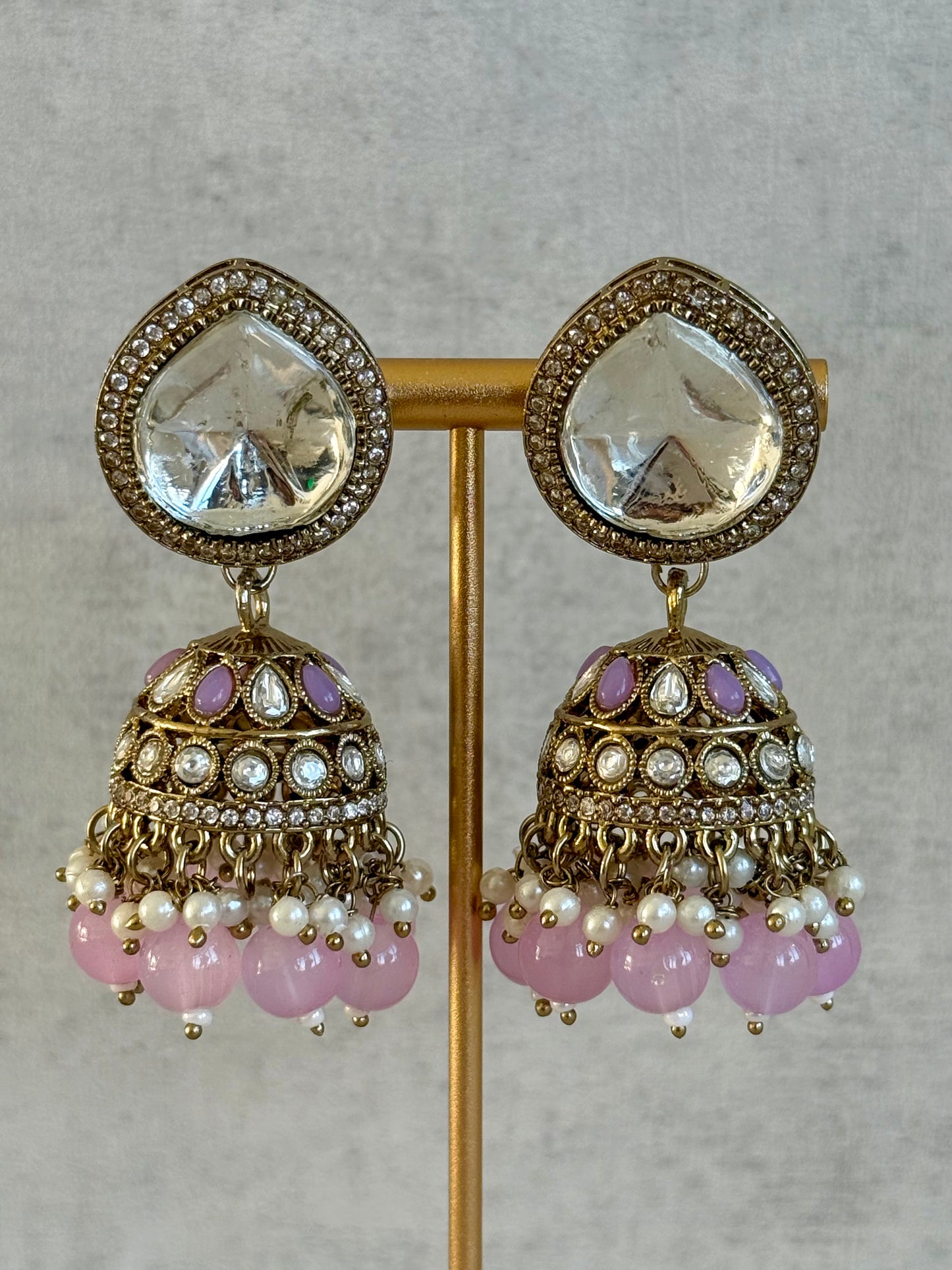 Ayura Designs Brielle Set – Necklace & Jhumkis with Mirror-Cut Stones, Dual-Tone Lilac & Ivory Beads