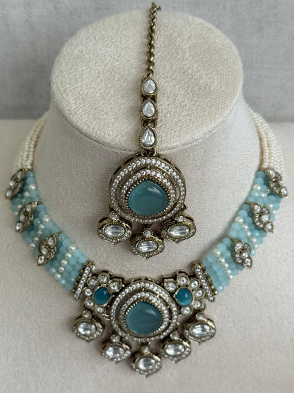 Ayura Designs Rahi Necklace Set with Earrings & Tikka – Aqua Blue Stones with Mirror-Cut Detailing & Pearl Strands