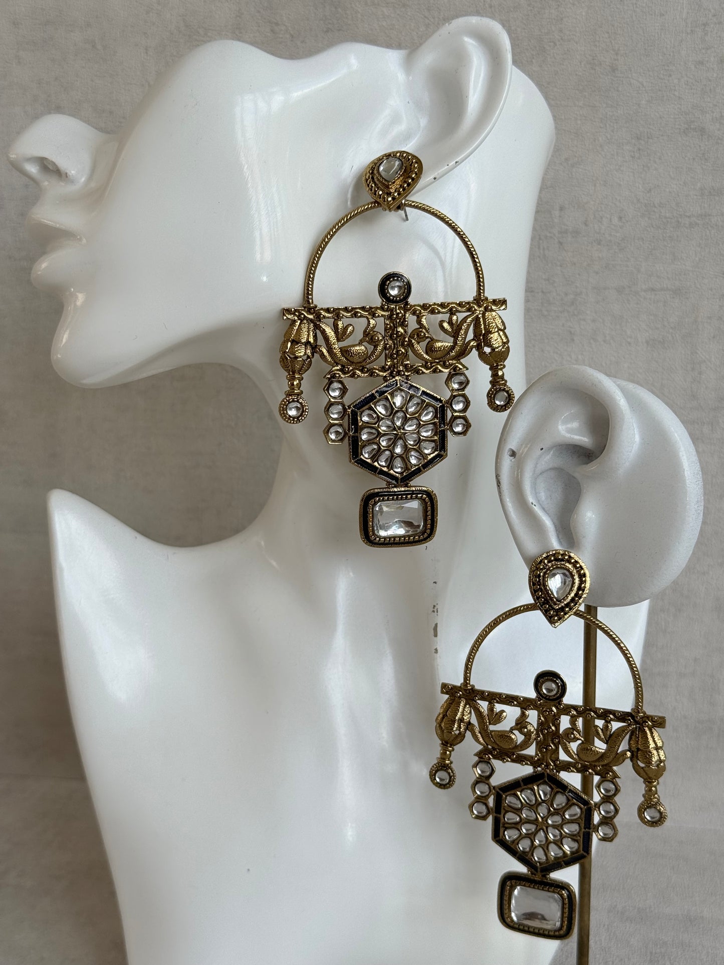 Ayura Designs Irene Earrings – Navy Blue Kundan, Meenakari & Crystal Peacock Chandeliers in Gold