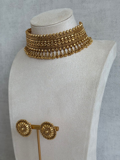 Ayura Designs Tavnoor Choker Set with Stud Earrings – Antique Gold Statement Choker with Traditional Bead Detailing