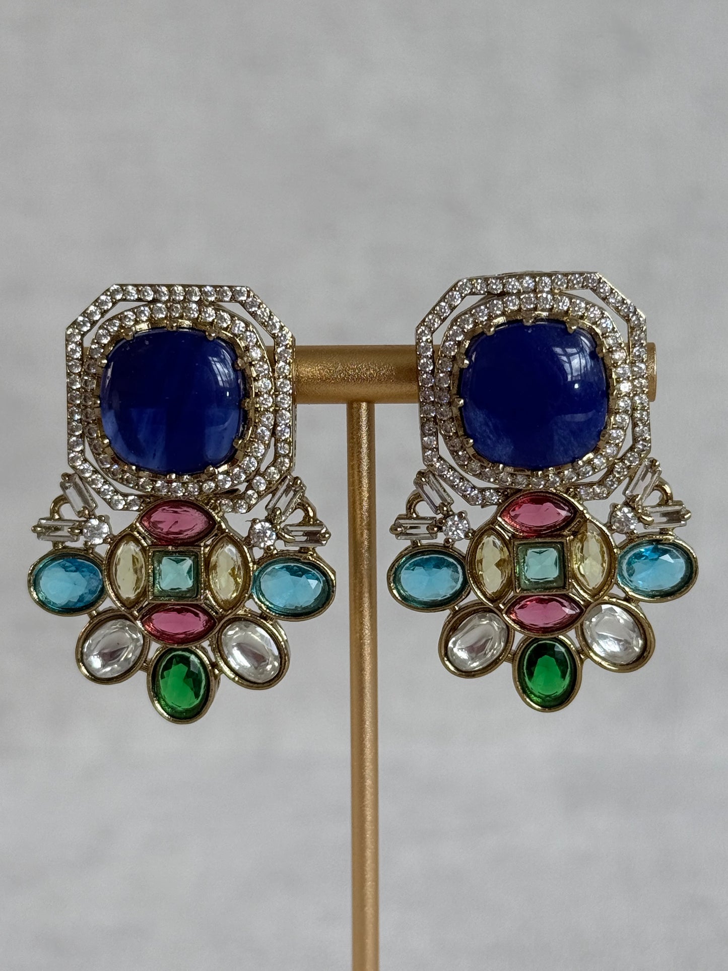 Ayura Designs Inez Earrings – Cobalt Blue Multicolour Statement Studs in Gold