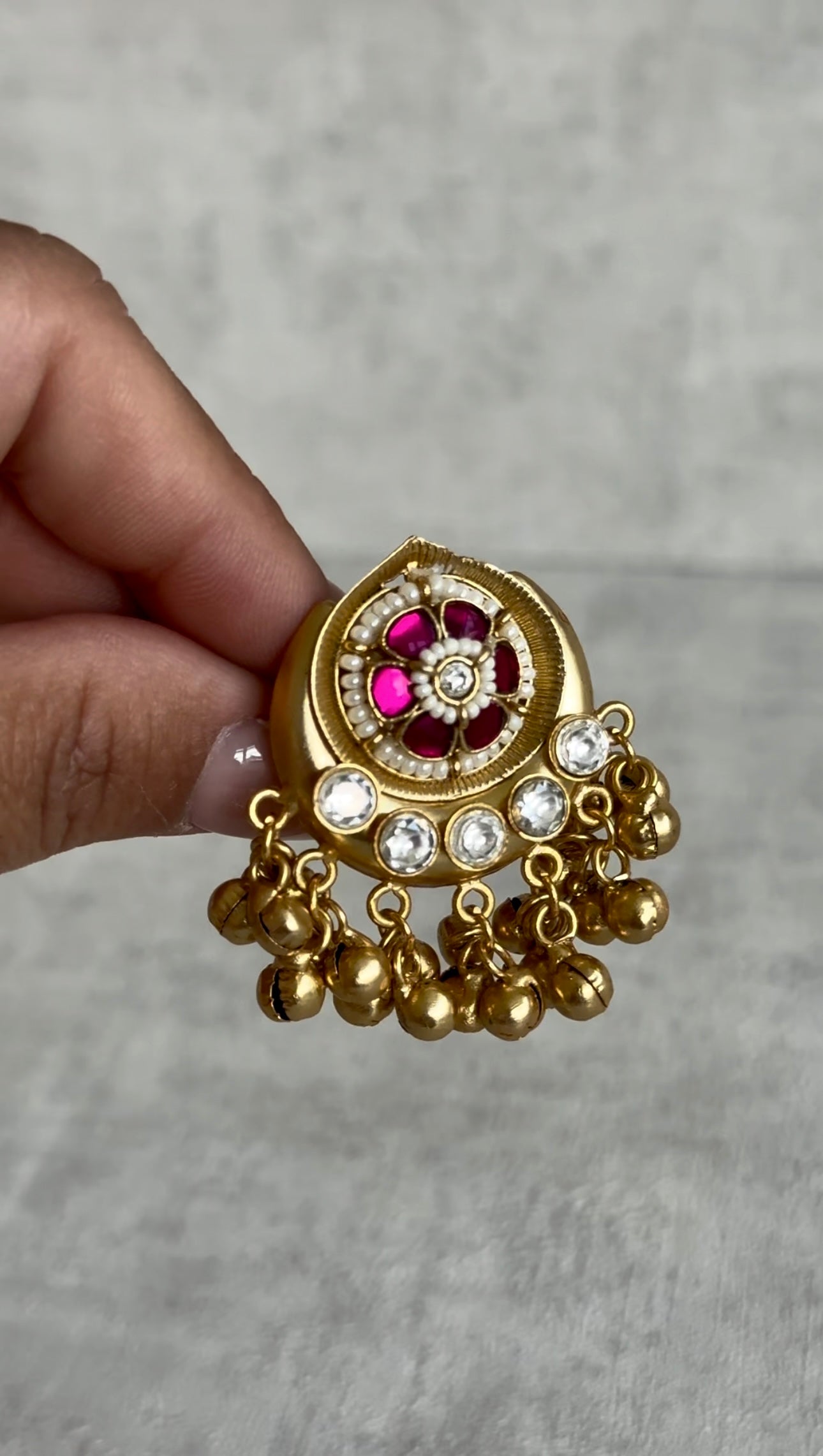 Ayura Designs Sochi Ring – Adjustable Antique Gold Ring with Hot Pink Meenakari, Mirror-Cut Stones & Ghungroo Detailing