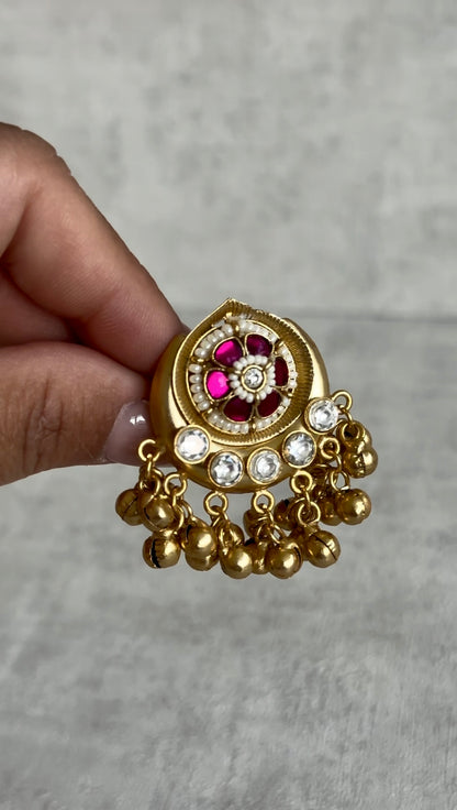 Ayura Designs Sochi Ring – Adjustable Antique Gold Ring with Hot Pink Meenakari, Mirror-Cut Stones & Ghungroo Detailing