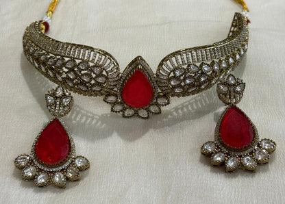 Ayura Designs Ziva Choker Set with Earrings – Ruby Red Teardrop Stone with Moissanite Style Detailing