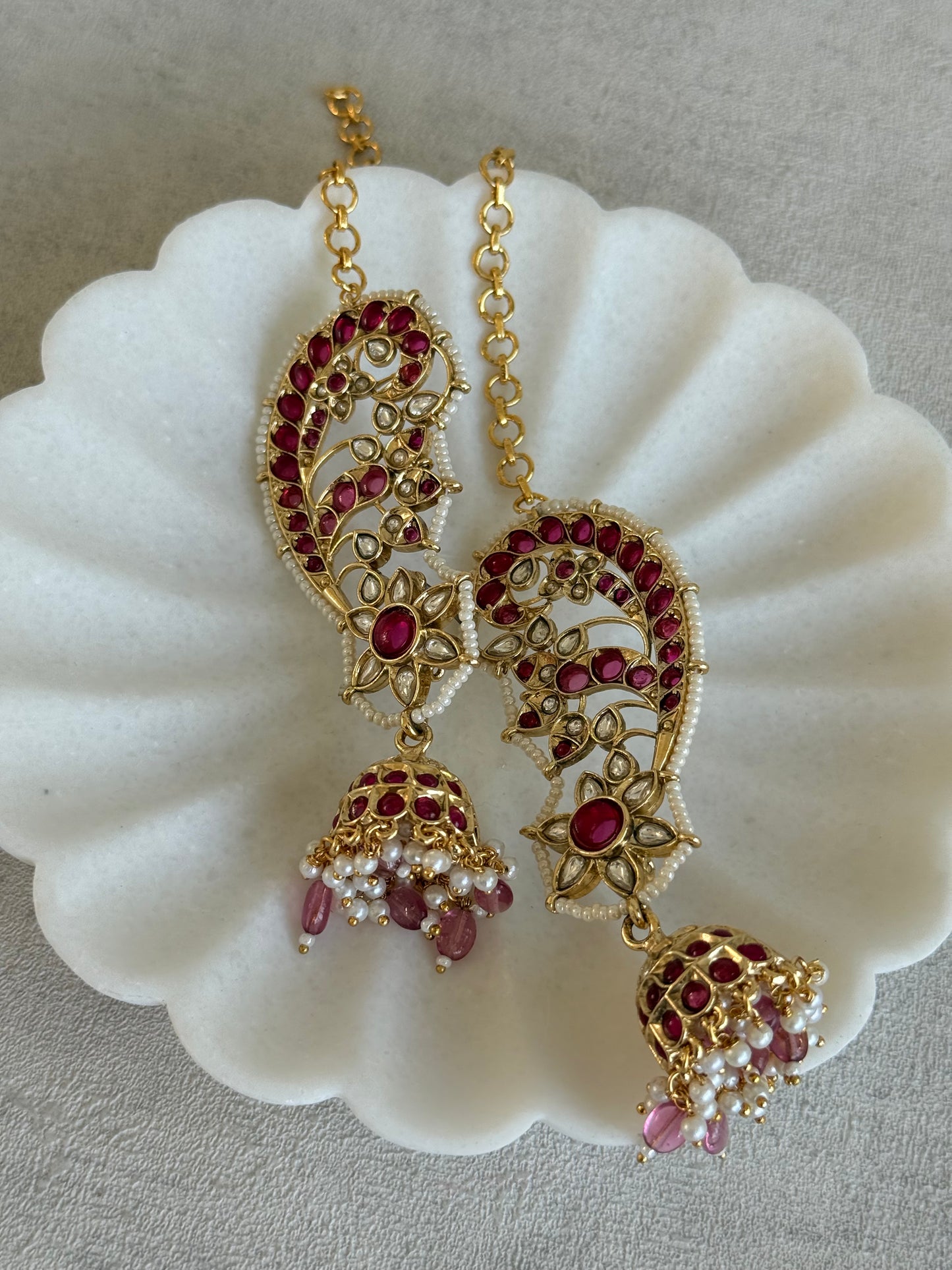 Ayura Designs Urisha Ear Climber Jhumkis – Ruby Pink, Kundan & Pearl Detailing