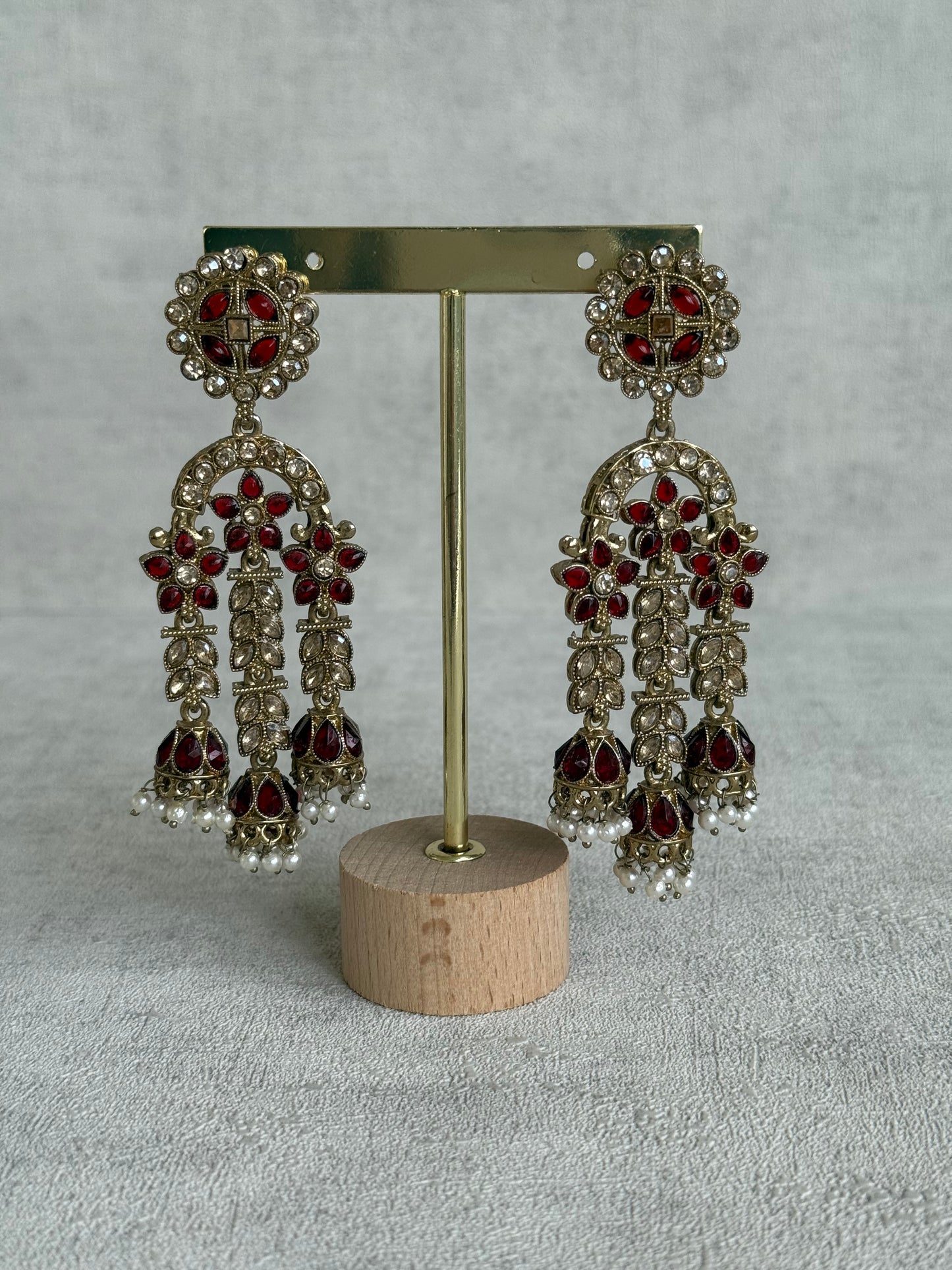 Ayura Designs Soraya Earrings – Ruby Red Stones, Champagne Crystals, Pearl Detailing & Gold Finish