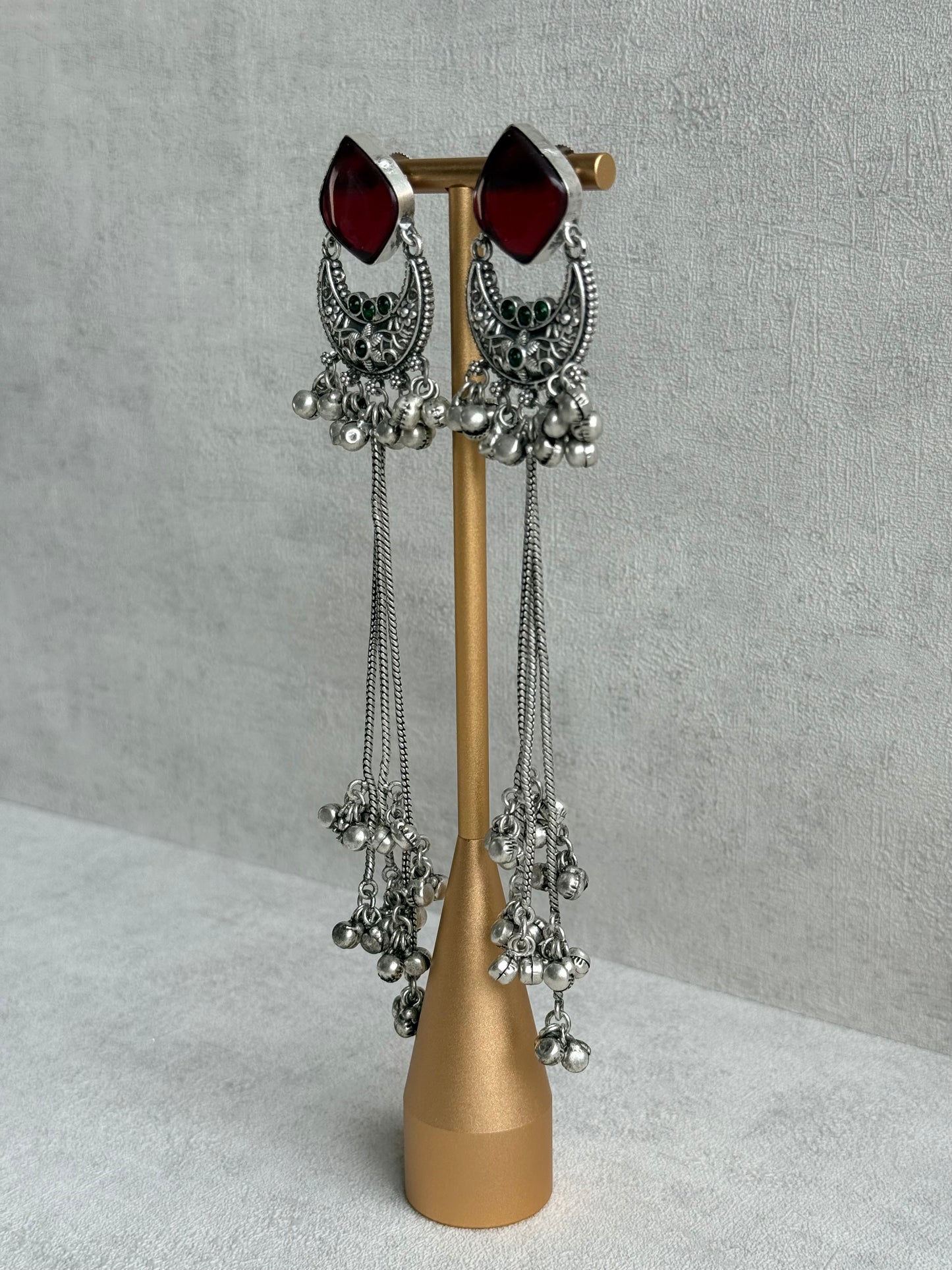 Ayura Designs Zarfa Earrings – Oxidised Earrings with Ruby Red Stones, Hanging Ghungroo Chains & Crescent Detailing