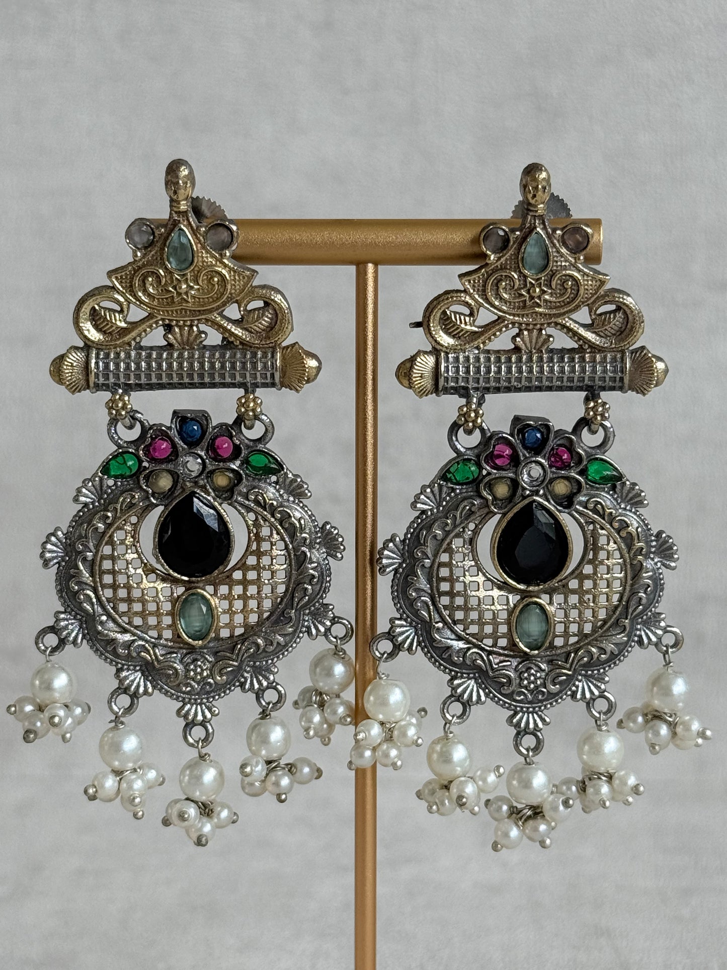 Ayura Designs Taali Earrings – Dual Tone Oxidised Statement Earrings with Multicolour Stones & Pearl Clusters