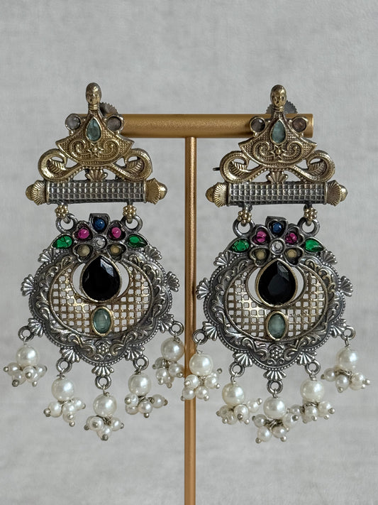 Ayura Designs Taali Earrings – Dual Tone Oxidised Statement Earrings with Multicolour Stones & Pearl Clusters