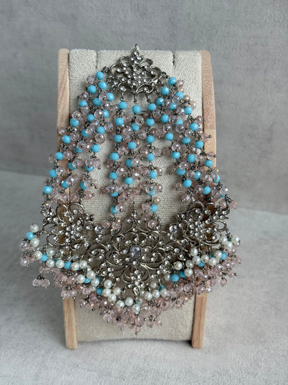 Ayura Designs Arasi Set with Choker, Passa, Tikka & Sahare Jhumkis – Antique Silver with Blush Pink Crystals, Aqua Blue Beads & Ivory Pearls