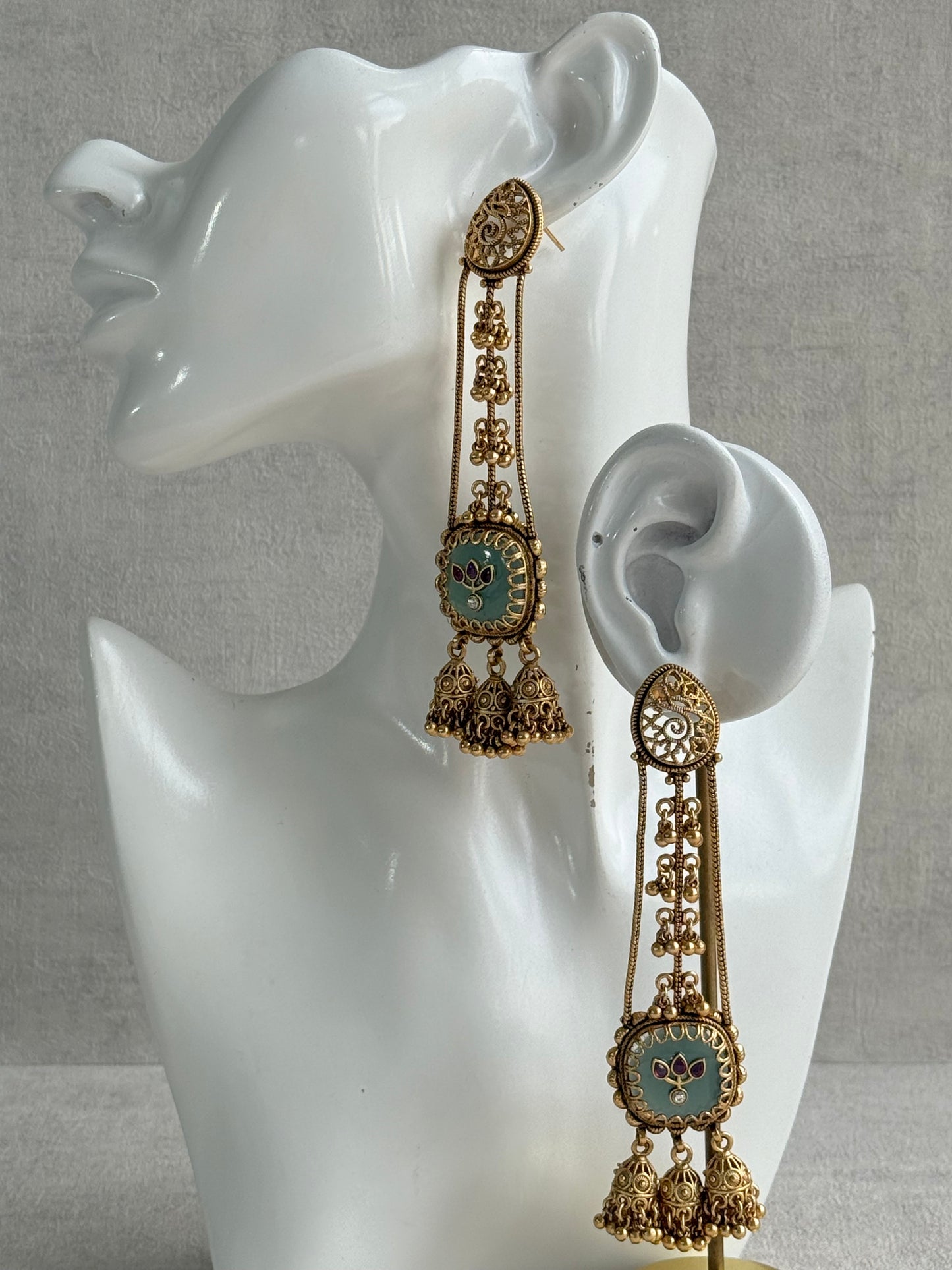 Ayura Designs Ihana Earrings – Mint Green Enamel with Pink Kundan, Ghungroo & Jhumki Detailing