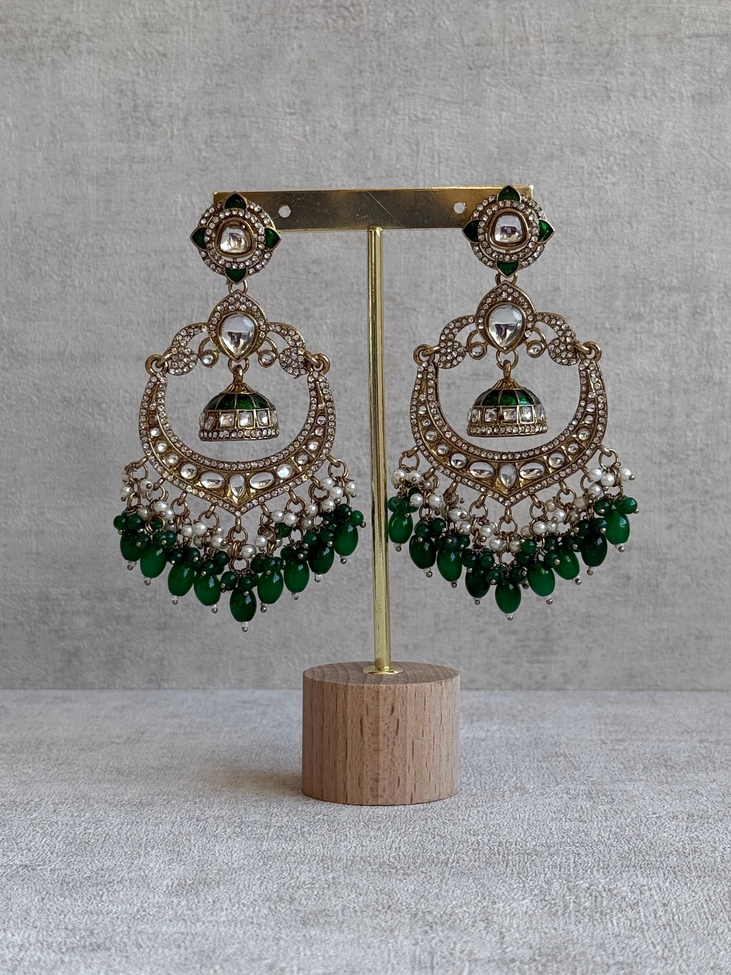 Ayura Designs Reha Earrings – Statement Chandbalis with Emerald Green Beads, Pearls & Mirror-Cut Stones