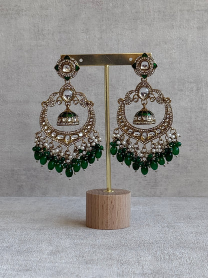 Ayura Designs Reha Earrings – Statement Chandbalis with Emerald Green Beads, Pearls & Mirror-Cut Stones