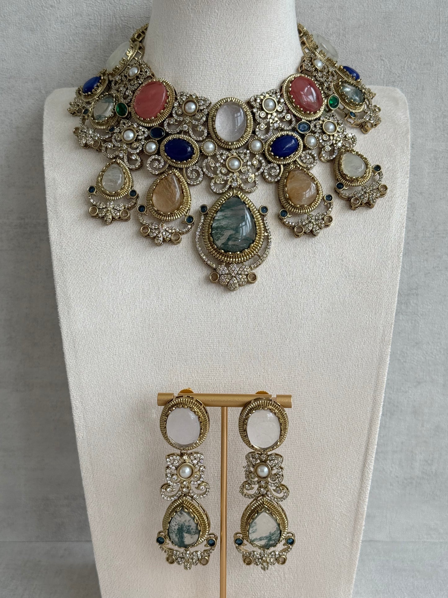 Ayura Designs Kimmy Necklace Set with Earrings – Statement Multicolour Necklace with Marble Stone Details & Crystal Work