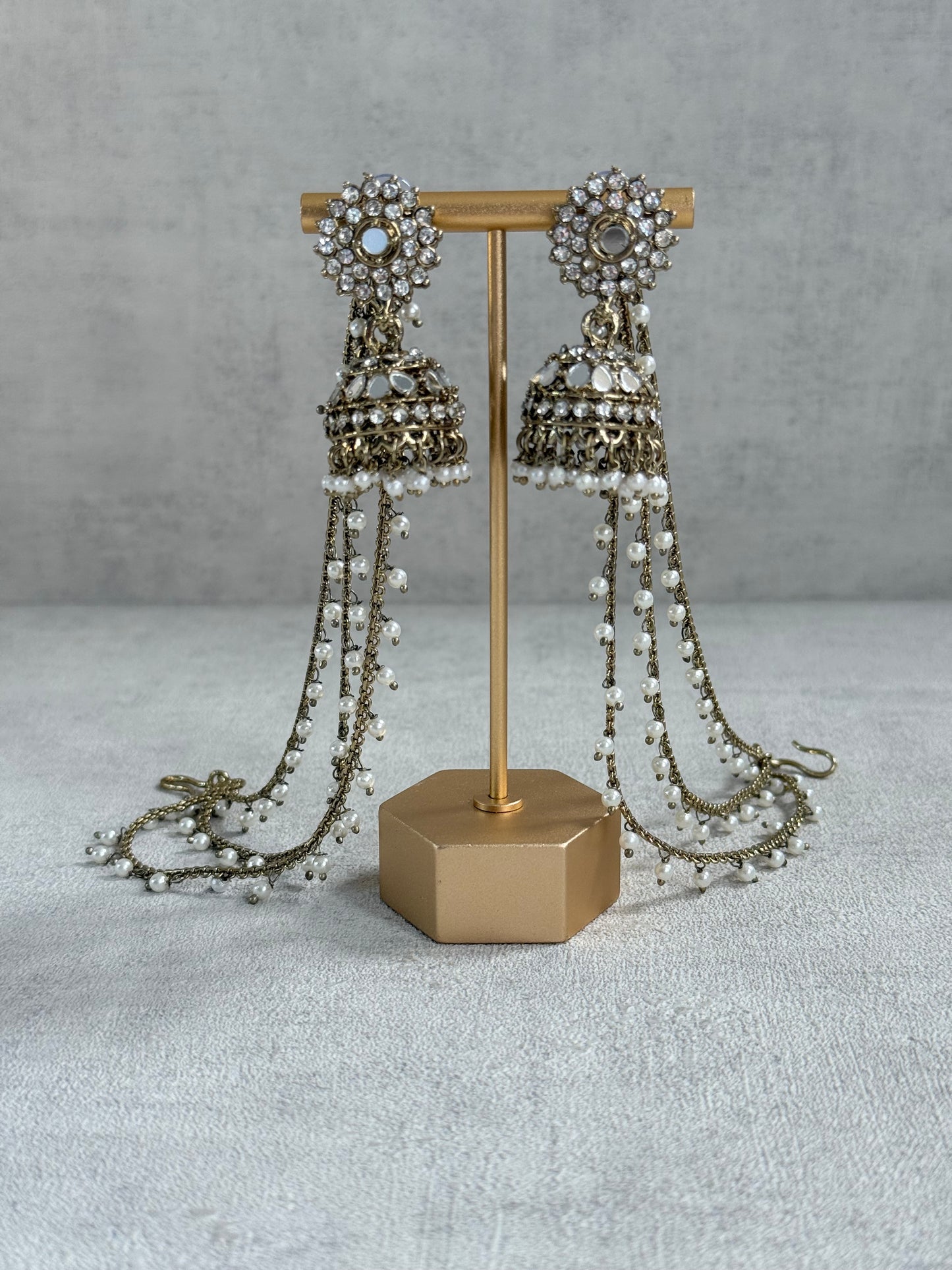 Ayura Designs Aks-e-Noor Jhumkis – Antique Gold Mirror & Crystal Earrings with Detachable Triple-Layer Pearl Sahare