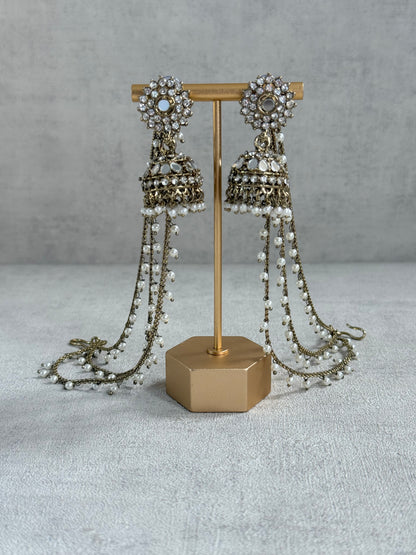 Ayura Designs Aks-e-Noor Jhumkis – Antique Gold Mirror & Crystal Earrings with Detachable Triple-Layer Pearl Sahare