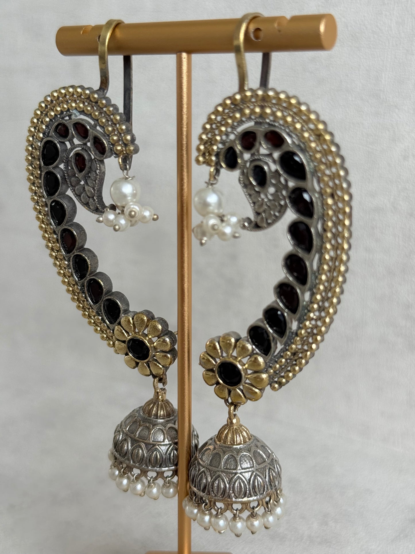 Ayura Designs Koyal Jhumkis – Oxidised Dual Tone Ear Climber Jhumkis with Black Kundan & Pearl Detailing