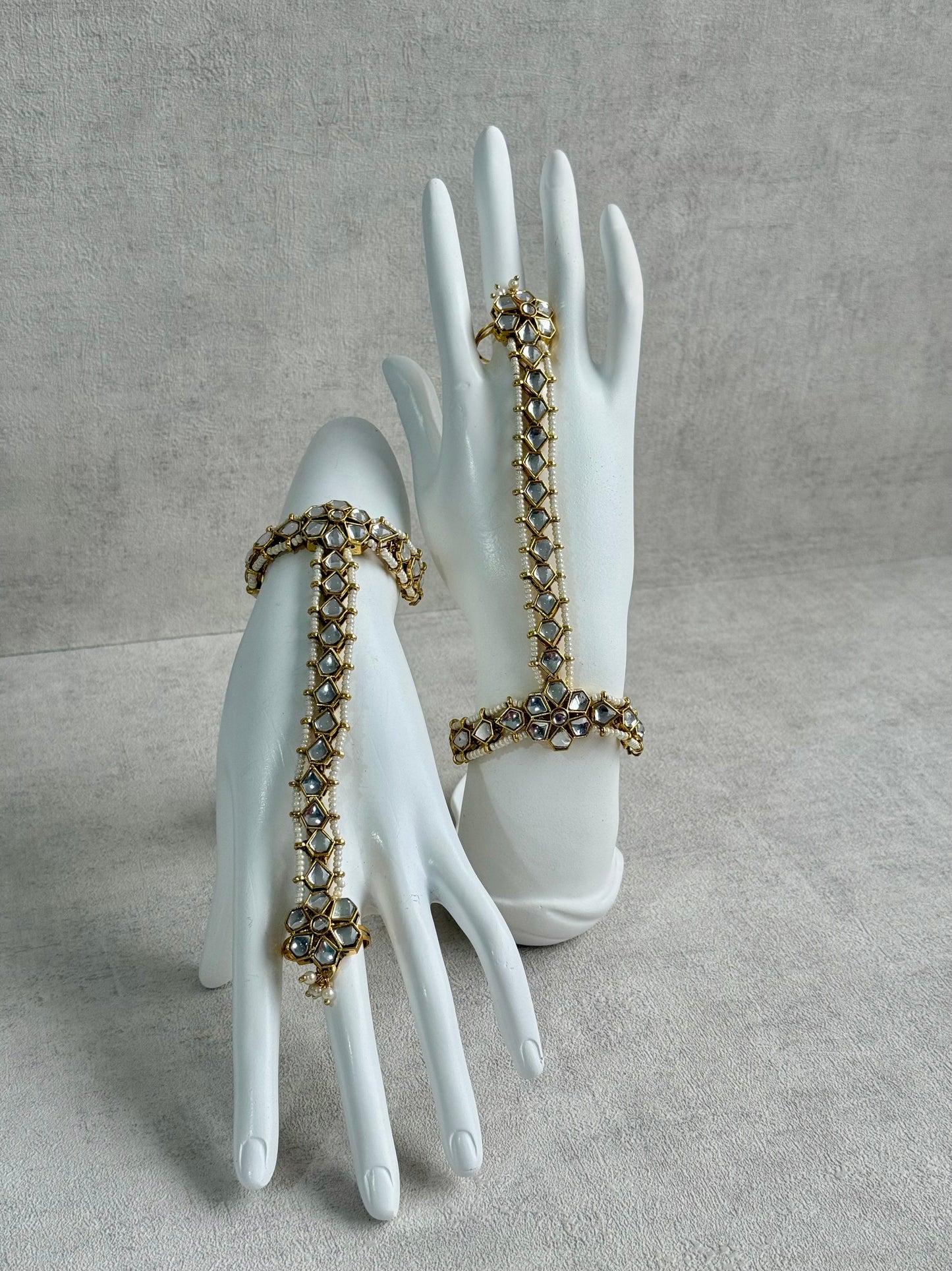 Ayura Designs Yara Haathphool – Mirror-Cut Stones with Pearl Bead Detailing in Antique Gold Finish