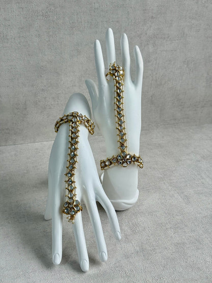 Ayura Designs Yara Haathphool – Mirror-Cut Stones with Pearl Bead Detailing in Antique Gold Finish