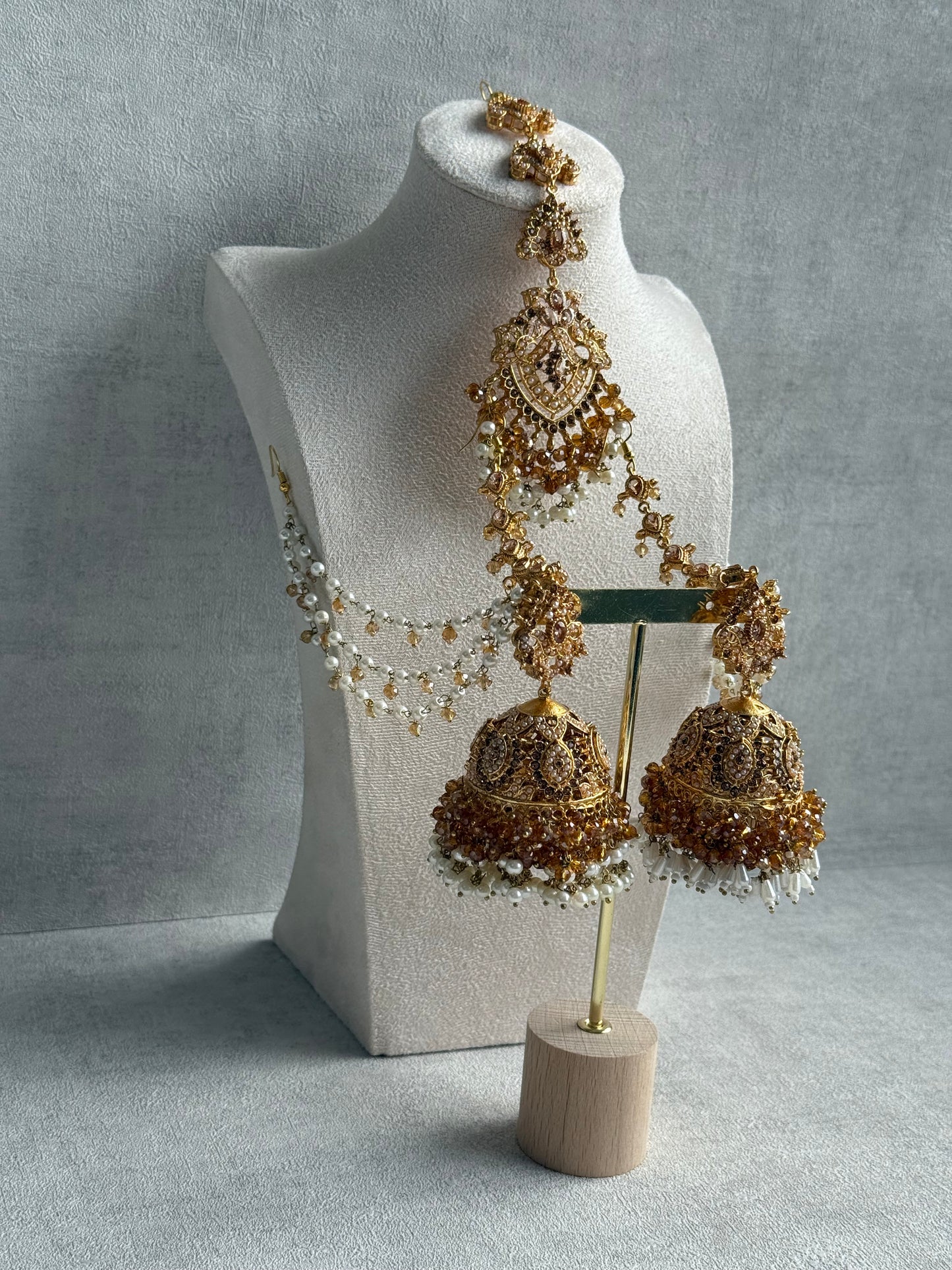 Ayura Designs Safia Tikka Set with Sahare Earrings – Champagne Gold Beads & Pearls