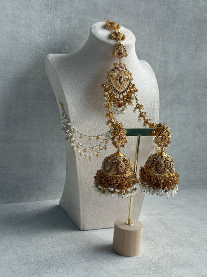 Ayura Designs Safia Tikka Set with Sahare Earrings – Champagne Gold Beads & Pearls
