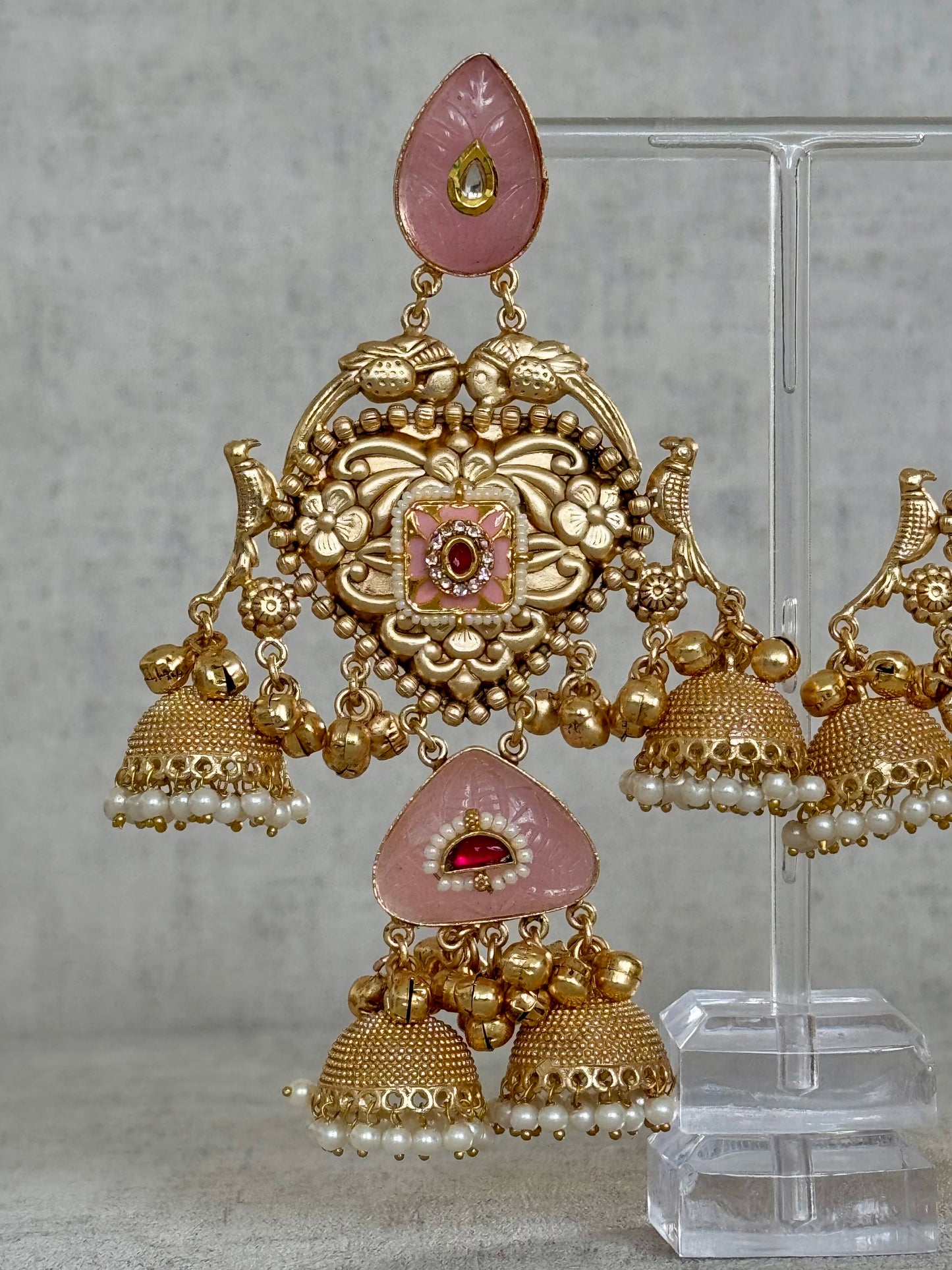 Ayura Designs Areesha Earrings – Gold-Plated Earrings with Blush Pink Enamel, Layered Jhumkas & Pearl Detailing