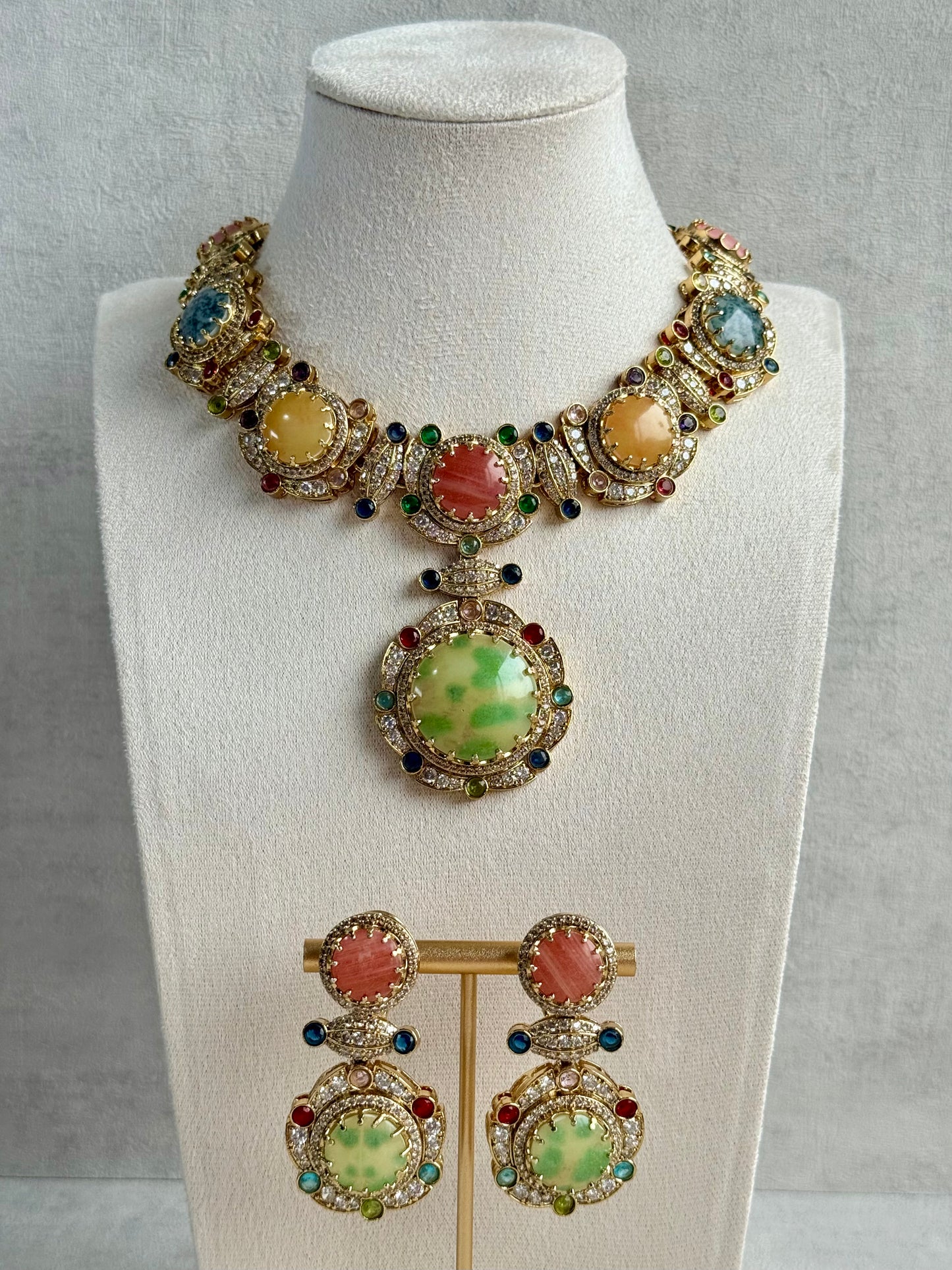 Ayura Designs Akira Set with Necklace & Earrings – Moissanite-Style Crystals with Multicolour Stone Detailing