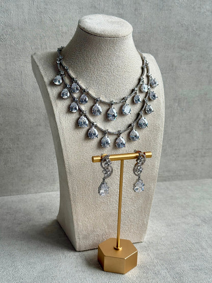 Ayura Designs Nida Set with Necklace & Earrings – Clear Crystal Stones, Diamond-Cut Detailing & Silver Finish