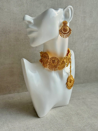 Ayura Designs Rami Choker Set with Earrings & Tikka – Antique Gold Medallions with Ghungroo Drops