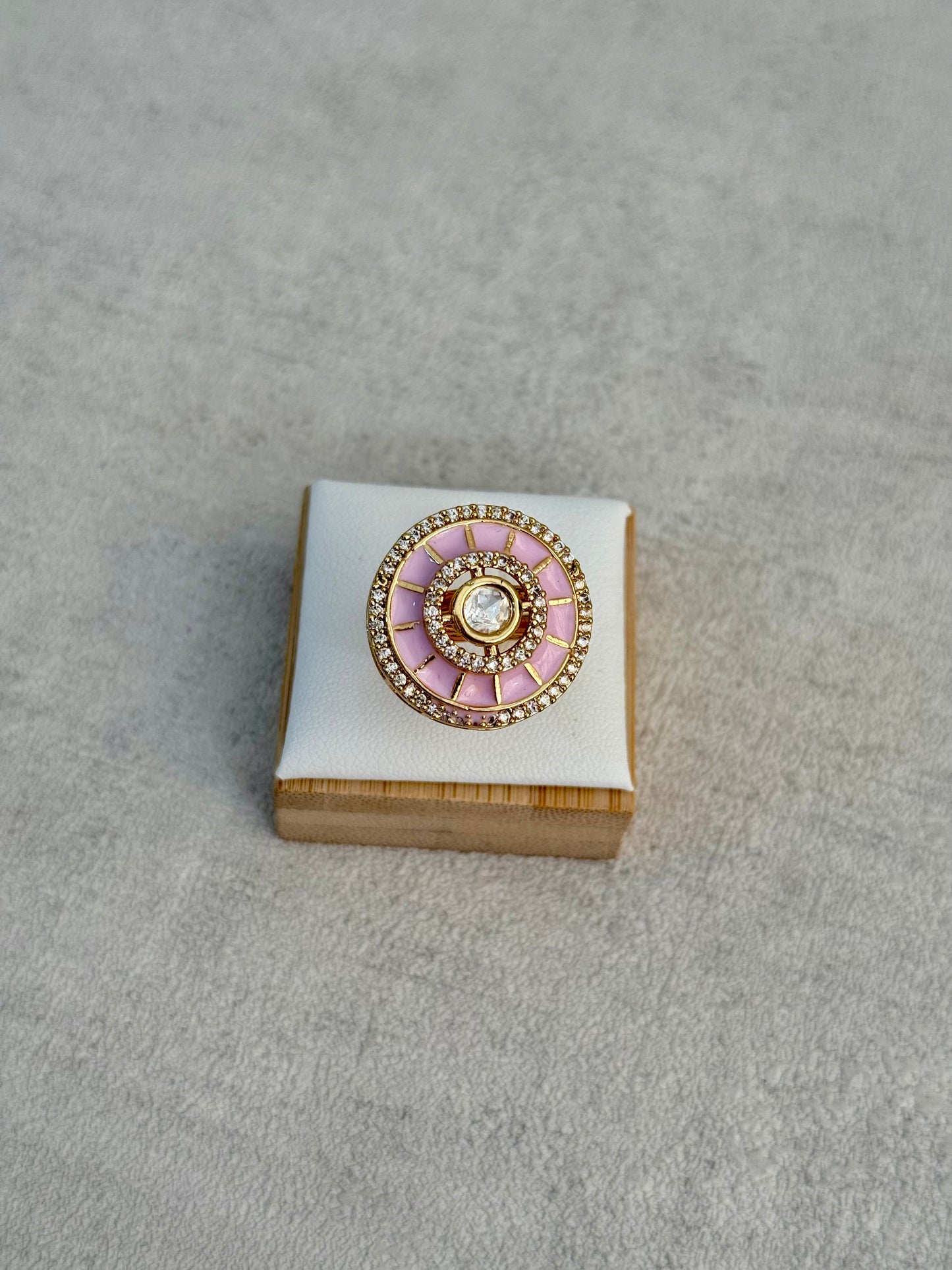 Ayura Designs Maisie Adjustable Ring – Blush Pink Enamel with Crystal Border & Moissanite Centre