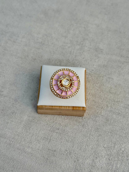 Ayura Designs Maisie Adjustable Ring – Blush Pink Enamel with Crystal Border & Moissanite Centre