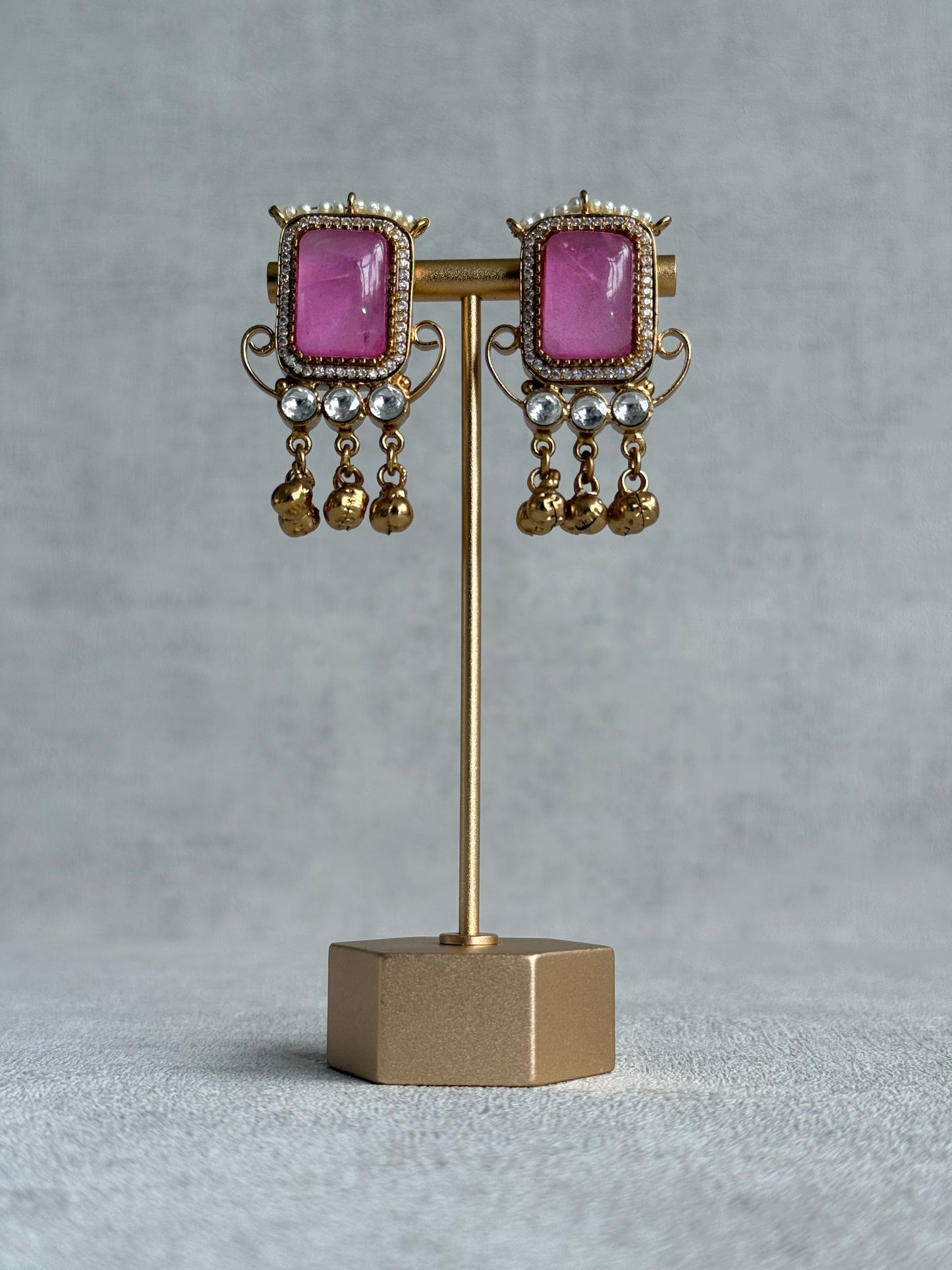 Ayura Designs Aleena Earrings – Rose Pink Stone Stud Earrings with Pearls & Ghungroo Detailing