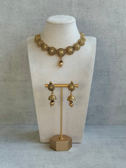 Ayura Designs Reet Set with Necklace & Jhumkis – Antique Gold with Textured Floral Motifs & Dome Drops